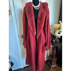 Vertigo Paris Red Faux Fur Trim Duster Cardigan XL Y2K Mob Wife Glam
